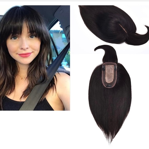 Other - 14” Natural Black #1B Human Hair Topper with Bangs for Thinning Hair Loss #RY